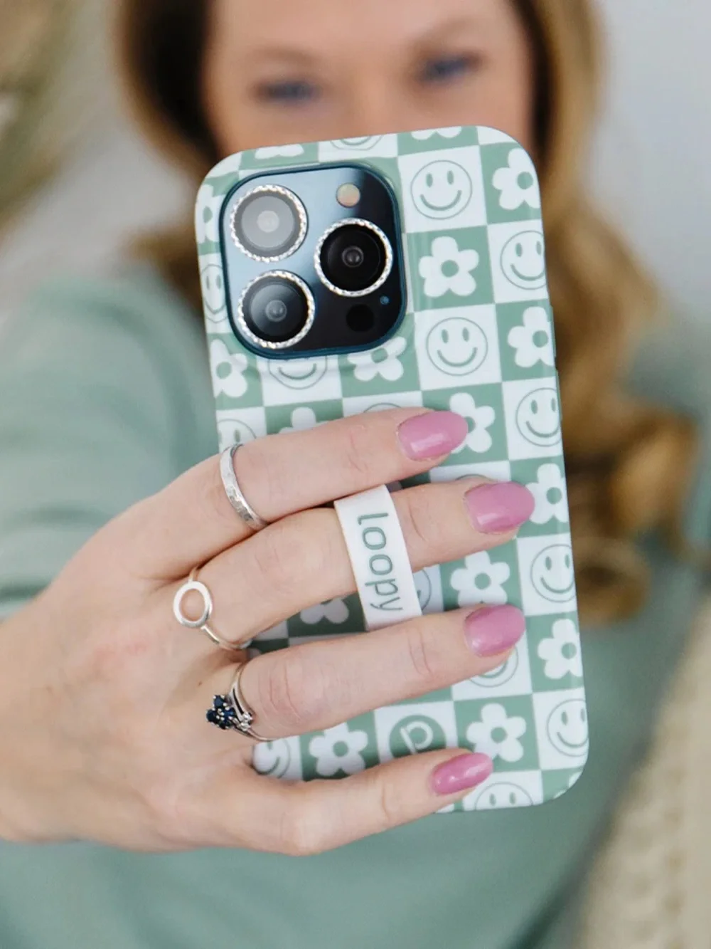 Loopy Sage Green & White Checker Smile + Flower iPhone 15 pro max case